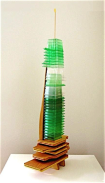 Stacking Up/Tower of Recyclables
Wood, Found Objects
10&frac34;&rdquo;L. x 4&frac34;&rdquo;W. x 28&frac12;&rdquo;H.
2007